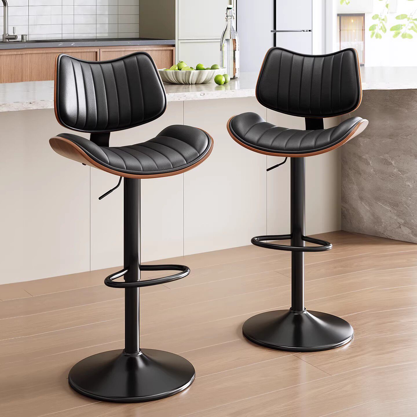 现代曲木轻奢吧台椅美学高脚椅岛台家用旋转升降椅子实木创意吧椅