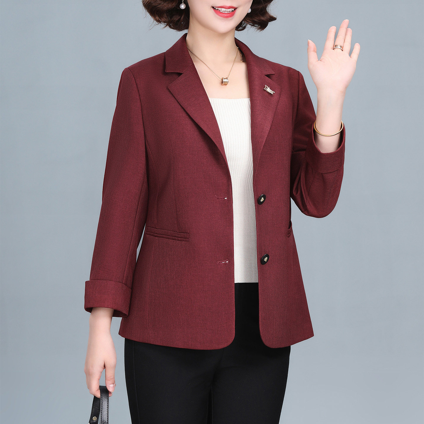 喜庆妈妈西装外套女春秋时尚短款中老年上衣喜婆婆婚宴装结婚礼服