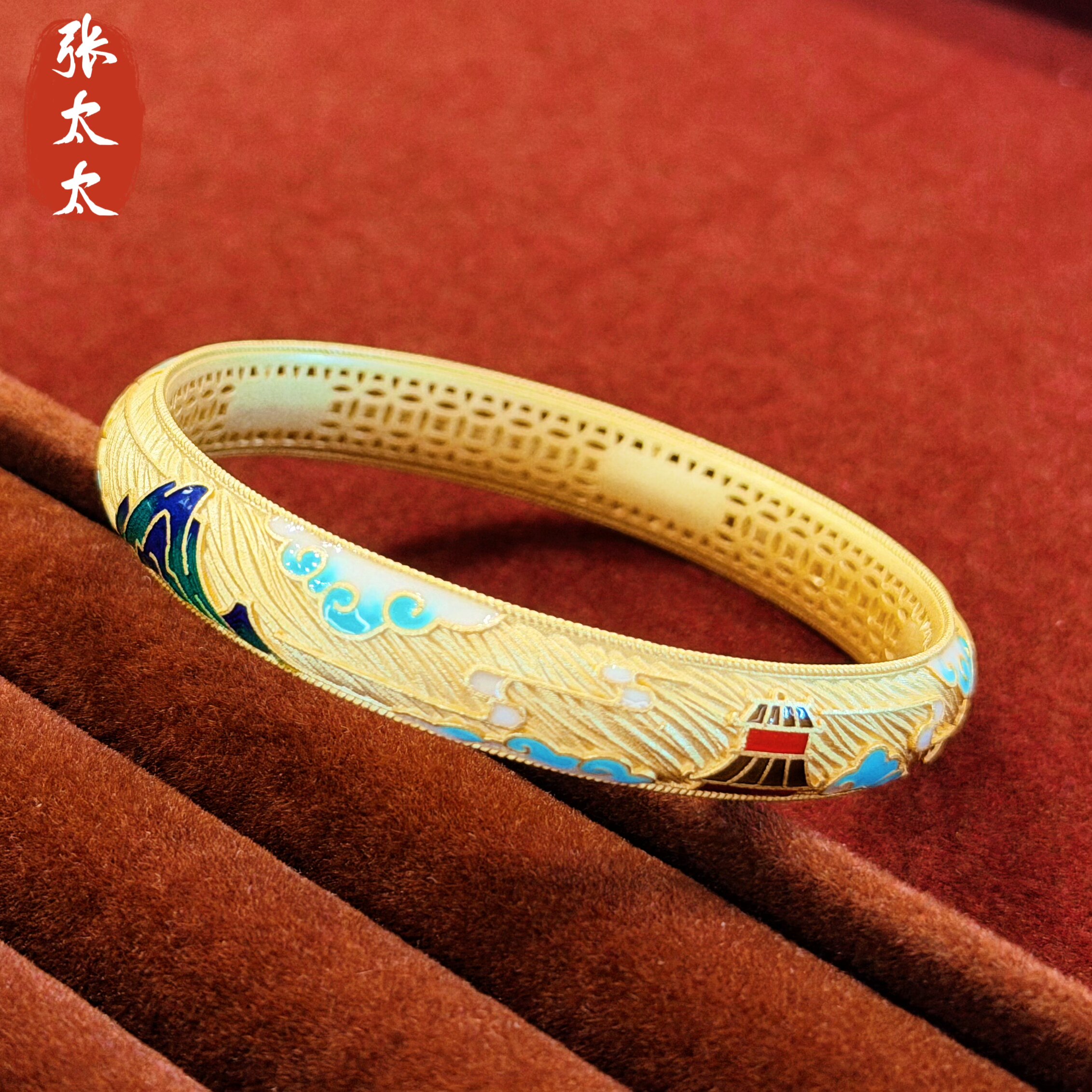 张太太编号23644古法描金手镯克重约30克圈口58足银999