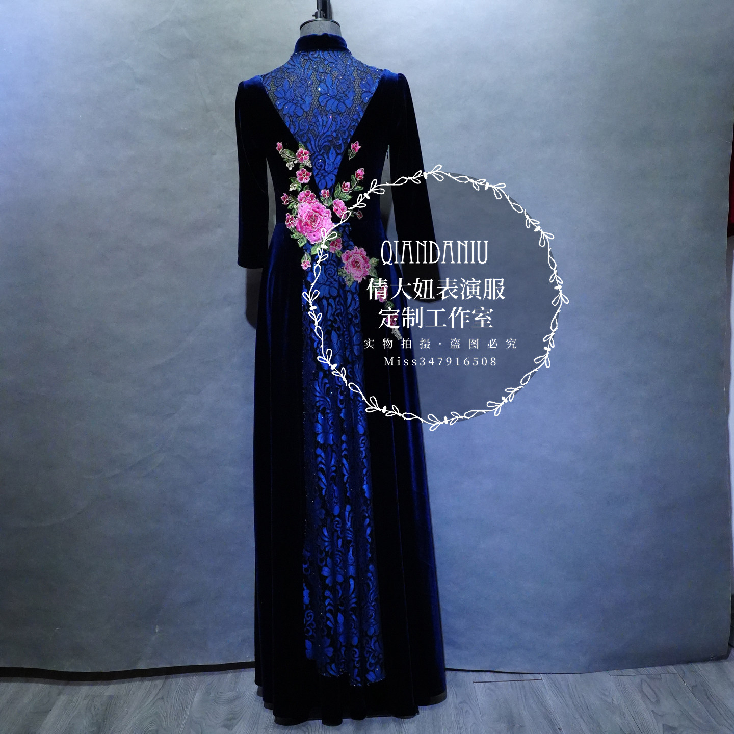 来图定制出租藏青色丝绒蕾丝刺绣中袖连衣裙女改良旗袍复古礼服
