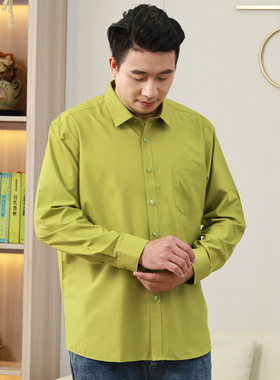 男士牛油果绿长袖衬衫纯绿色休闲男装纯色新茶绿休闲潮绿色男衬衣