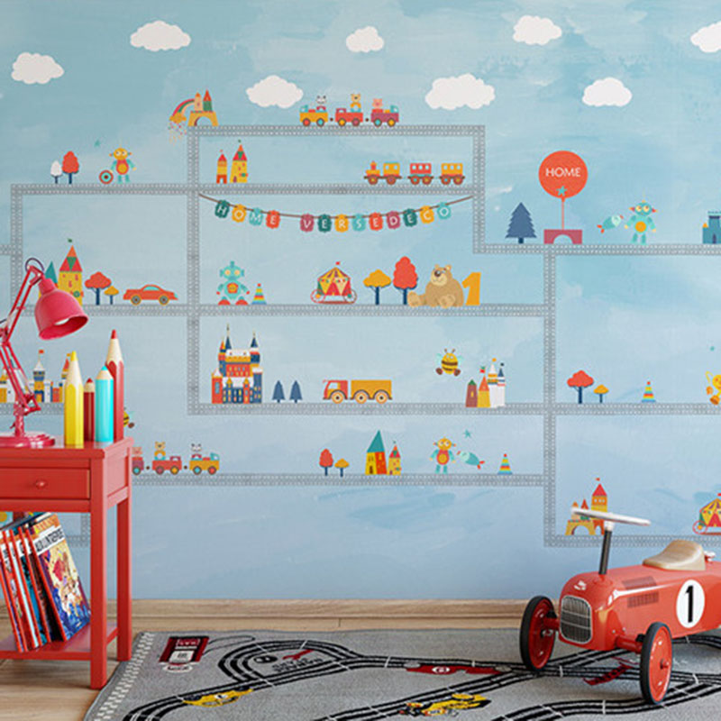 现代简约儿童房书房 卡通玩具国 男孩女孩大型定制墙画 无缝壁画