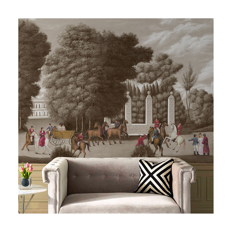 马洛克风景壁画植物树欧式英式骑马人物餐厅沙发背景墙可定制无缝