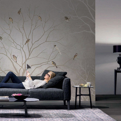 莺语匆匆 无缝定制壁画墙布卧室客户背景墙花鸟树中式现代简约