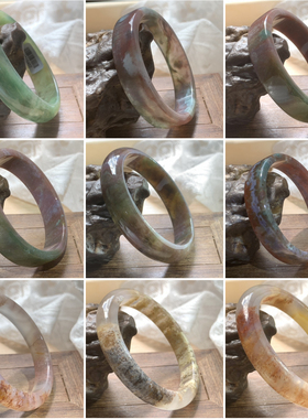 =棕盒=纯天然A货印度七彩水草玛瑙手镯环俏色意境意境手环镯女款