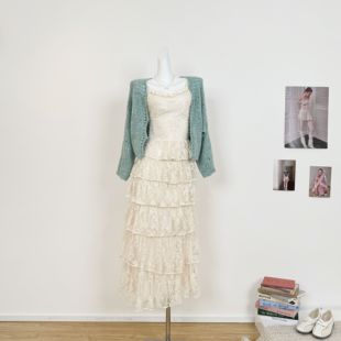薄荷绿毛衣开衫+蕾丝蛋糕吊带连衣裙女春夏新款