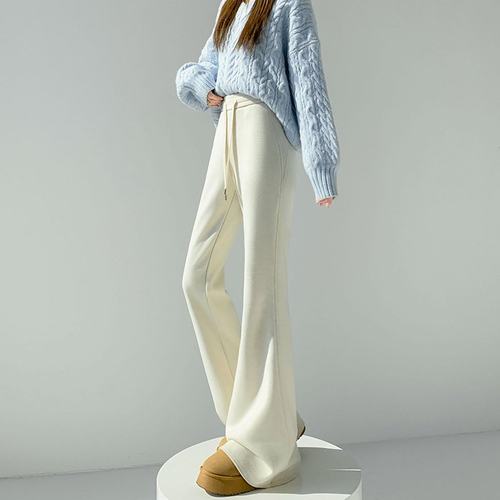 实拍2025秋冬新款米白色醋羊绒阔腿加绒喇叭拖地裤酸羊毛微喇裤女
