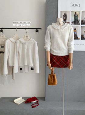 你好卡农 白色木耳边毛边翻领长袖T恤女秋冬新款超好看的打底上衣