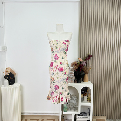 WW定制午夜繁花碎花显瘦复古抹胸无袖连衣裙包臀收腰度假长裙