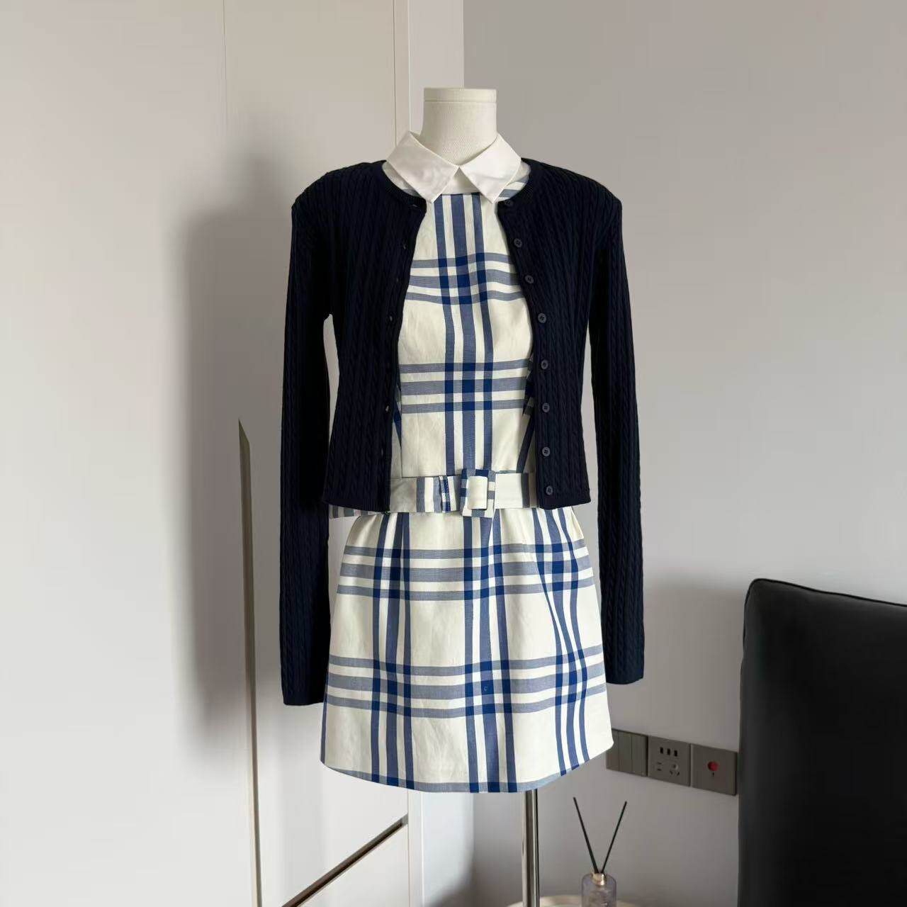 RumPumPumPum 蓝色格纹纯棉学院千金风假两件腰带装饰收腰连衣裙