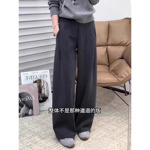 灰色毛呢阔腿西装裤女2025秋冬新款高腰显瘦垂感窄版直筒裤子