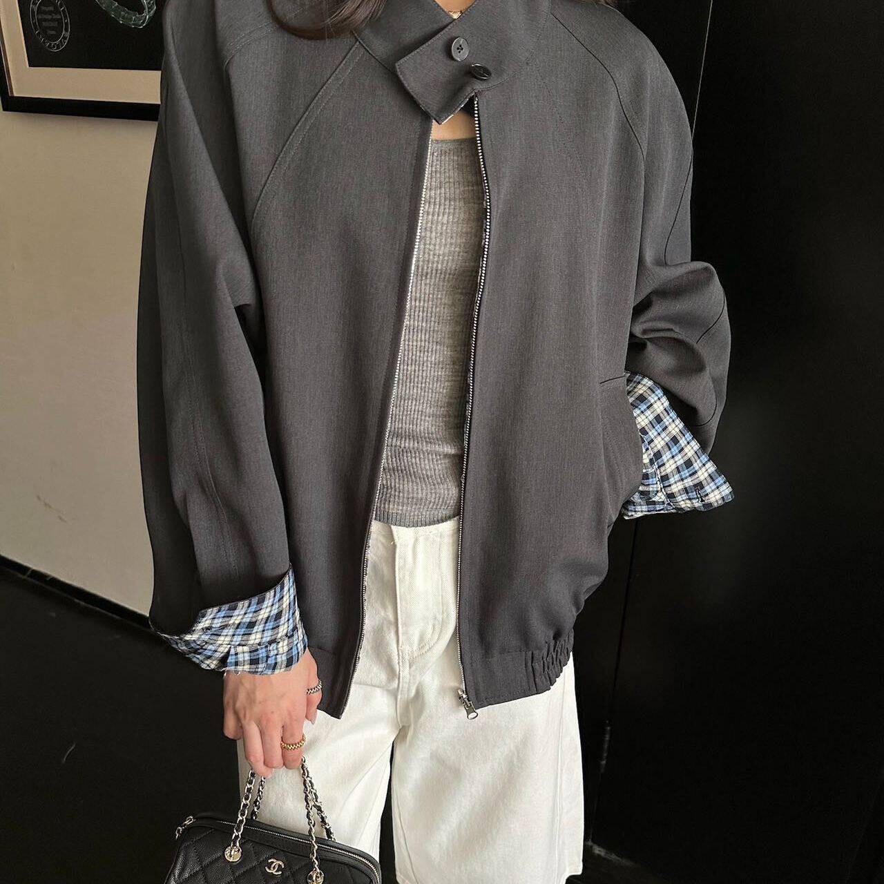 BLUEPOPS-两面穿撞色格子立领夹克短外套a6064