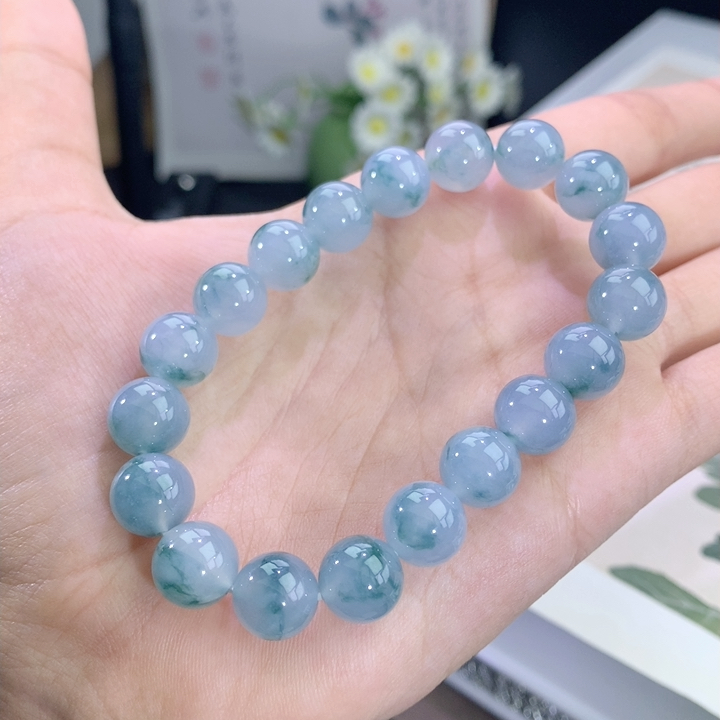 翡翠冰飘蓝花手串