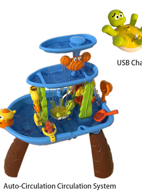 出口USB充电自动水循环3层玩水玩沙桌夏天玩具遮阳伞Splash Table