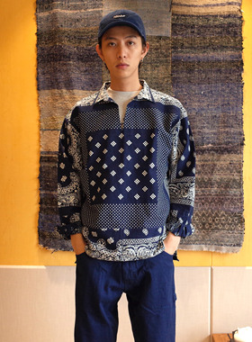 IndigoWhale 手工拔染蓝染腰果花波点拼接bandana Tunic Kerchief