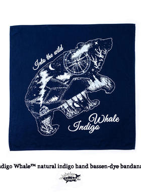 鲸蓝Indigowhale古法蓝染手工拔染方巾bandana scarf美式复古熊