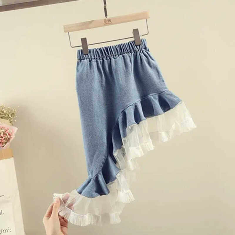 女童牛仔半身裙春夏装荷叶花边流半身裙