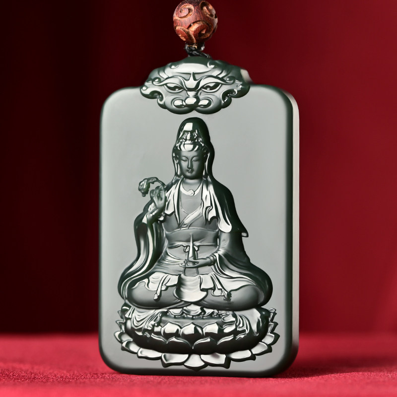 天然新疆和田玉青玉观音塔青吊坠莲花观音牌子墨碧无事牌观音