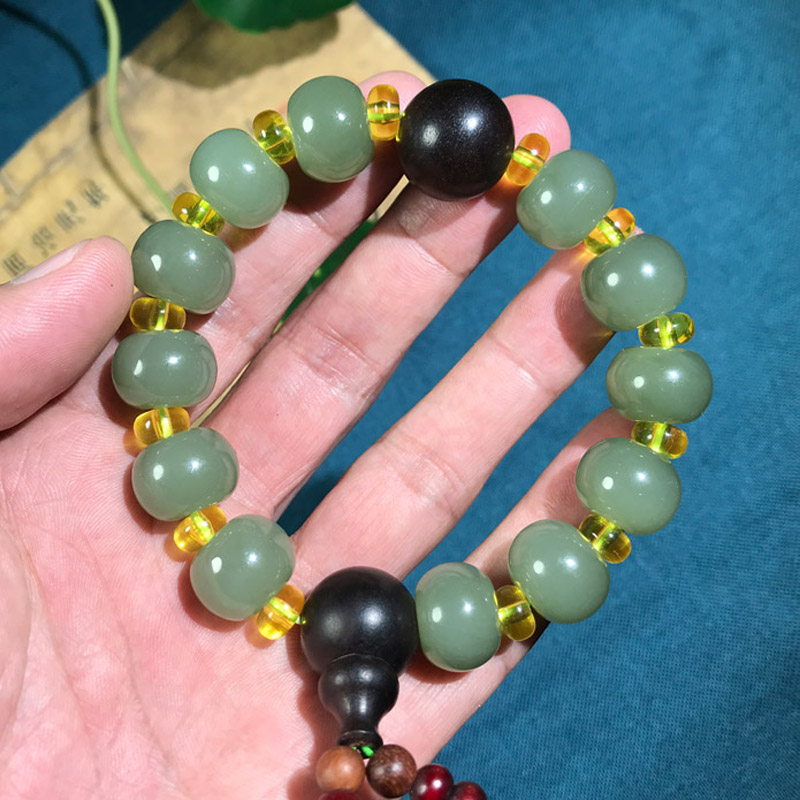 正品天然和田玉手串男女款手链苹果珠玉石手串和田玉湖水绿老形珠