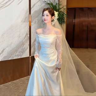 法式蕾丝长袖轻婚纱新娘高端一字肩出门纱夏季缎面拖尾订婚礼服裙