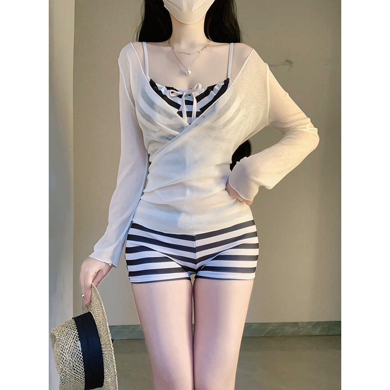 泳衣女甜美条纹挂脖罩衫性感超仙比基尼