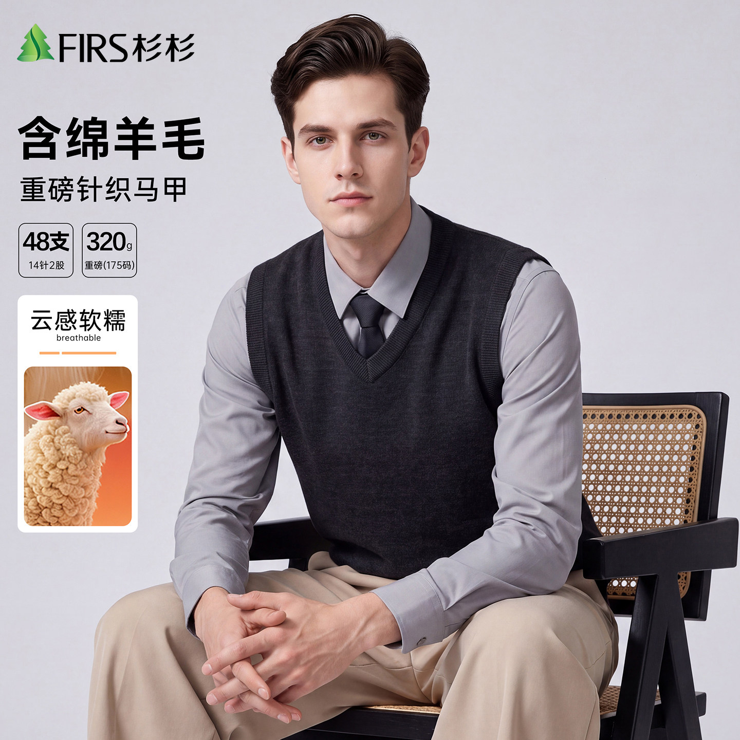 【含绵羊毛】杉杉秋冬男士V领针织马甲2026新款重磅针织商务背心
