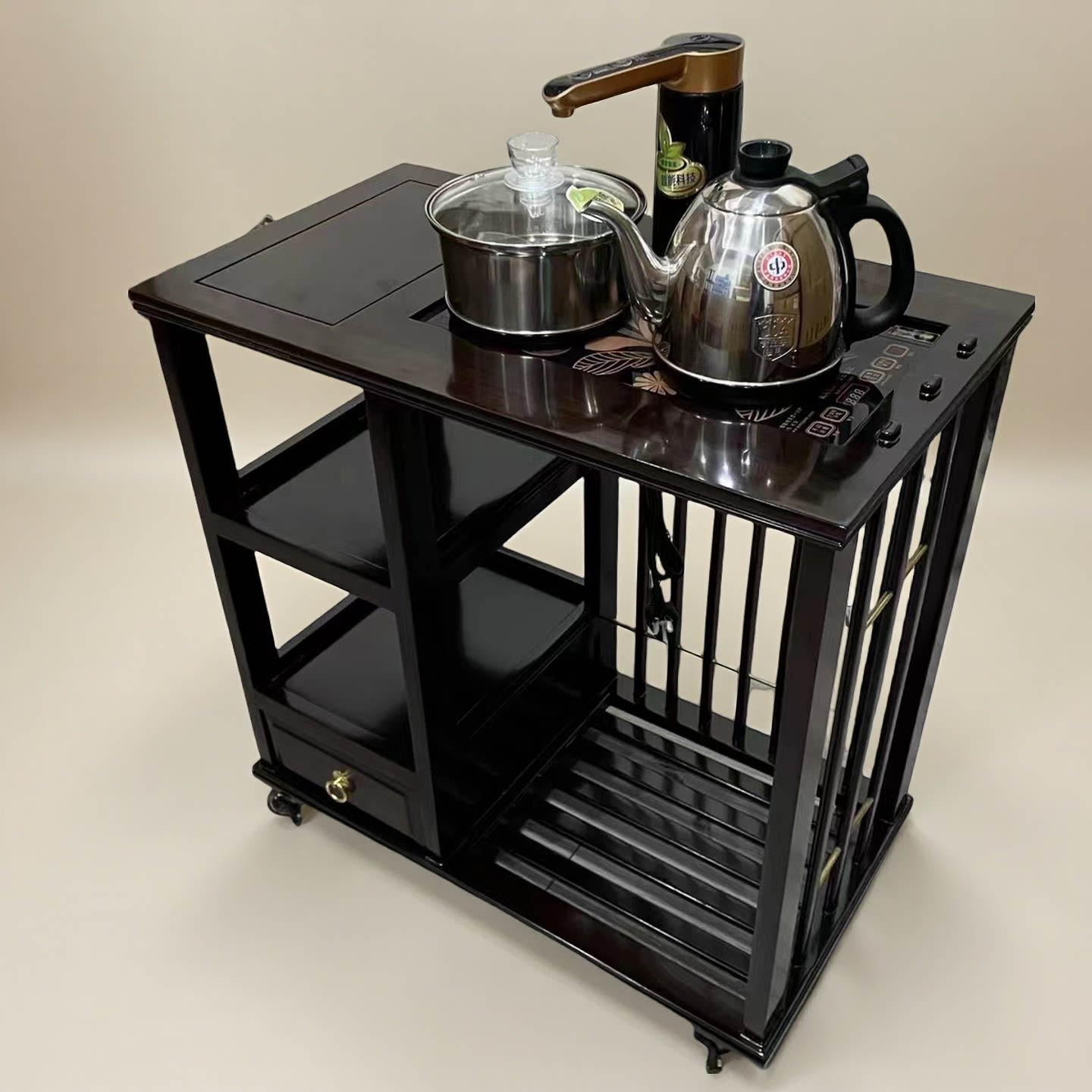 黑檀木茶水柜茶台烧水壶一体家用茶台茶桌沙发边柜实木茶车可移动