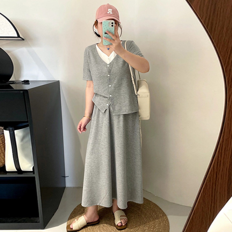 大码女装假两件短袖上衣女宽松半裙两件套2025夏胖mm两件套