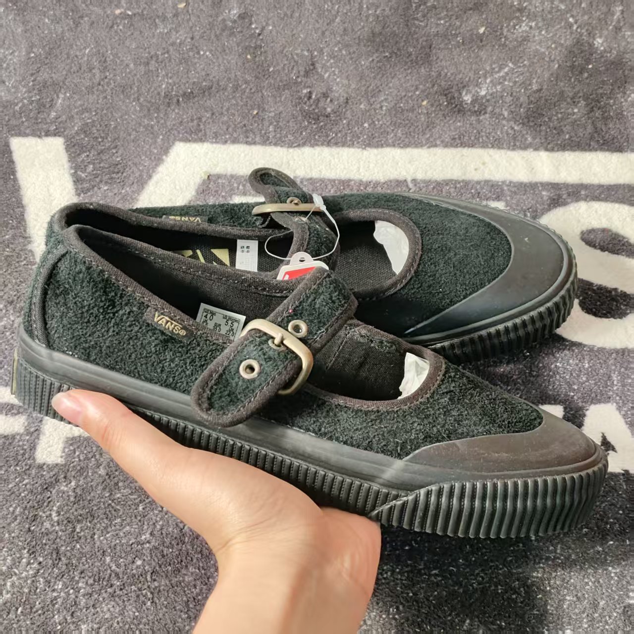 断码特价全黑毛绒Vans玛丽珍一字扣复古厚底休闲VN000CSGBLK