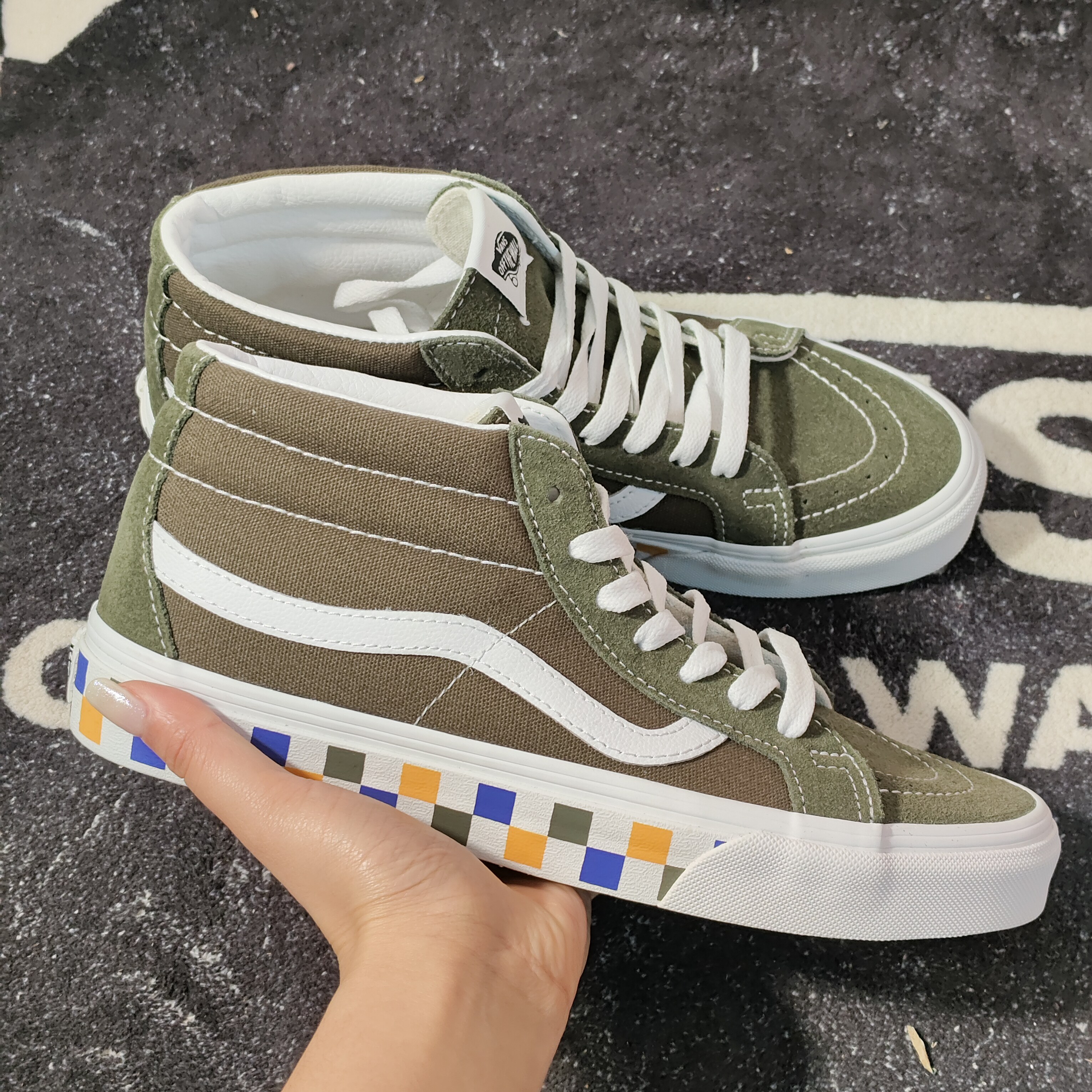 Vans Sk8-Mid军绿棋盘格中帮帆布休闲板鞋VN0A391F2BN