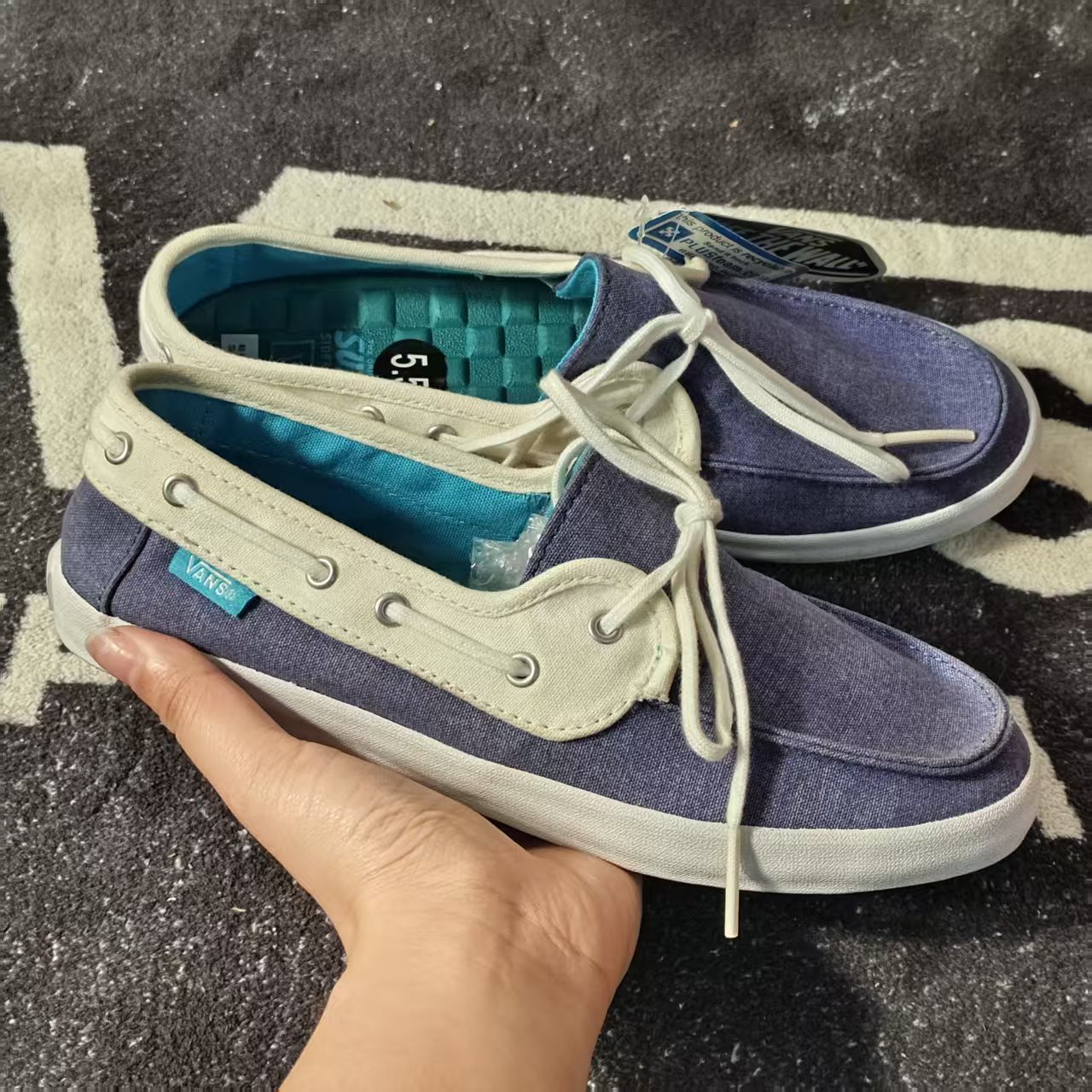 Vans藏青拼米白船鞋低帮透气帆布懒人休闲乐福鞋VN000SE9S2N