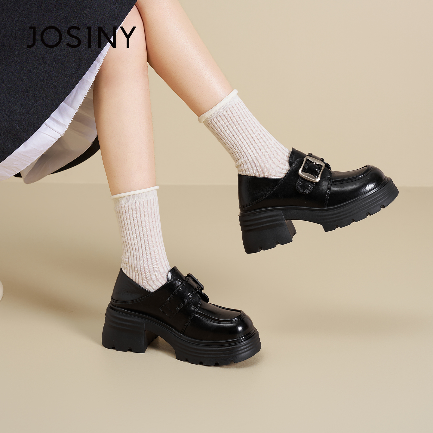 卓诗尼粗跟英伦风乐福鞋黑色单鞋