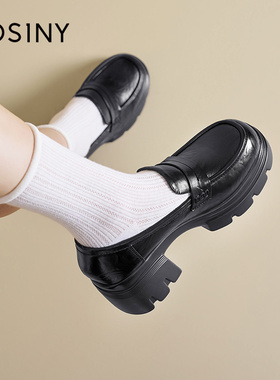 英伦风厚底乐福鞋黑色学院风小皮鞋增高单鞋休闲浅口高跟圆头女鞋