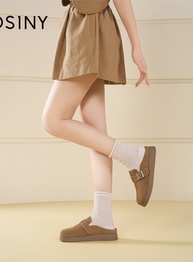 JOSINY复古厚底勃肯鞋女百搭一脚蹬休闲鞋浅棕色单鞋平底中跟圆头