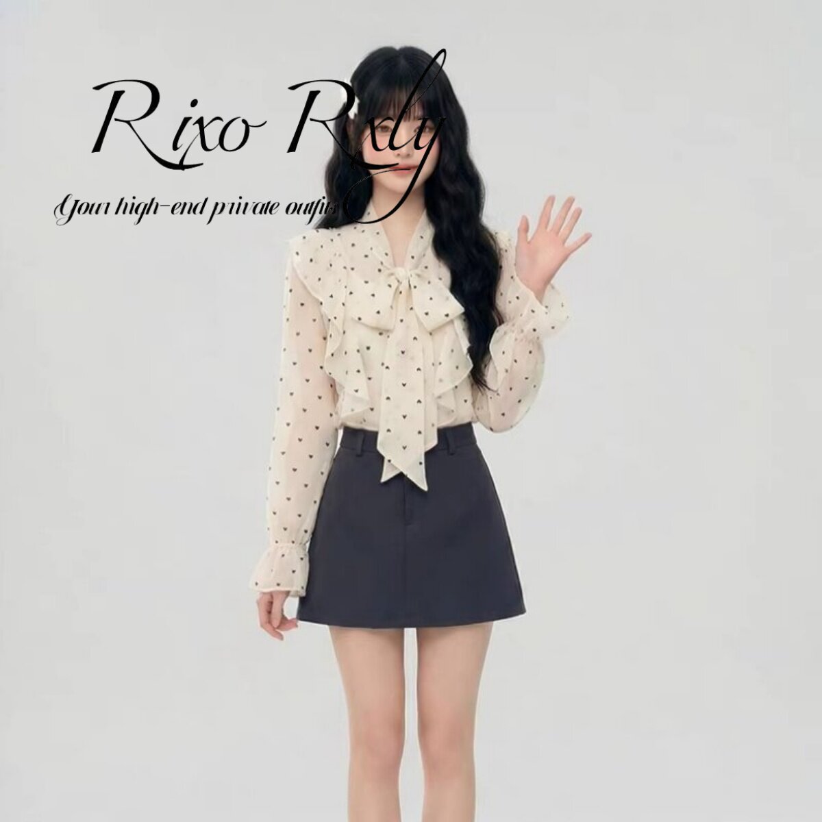 RIXO RXLY荷叶边波点衬衫女春夏季高级感韩系蝴蝶结细带长袖衬衫