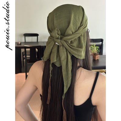 日系简约纯色棉麻流苏三角巾女2025春夏新款休闲百搭披肩两用屁帘