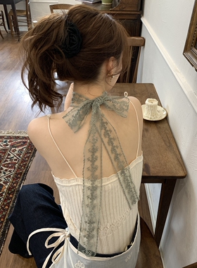 ins风法式绿色花朵蕾丝飘带女复古装饰发带头巾拍照丝巾气质领巾