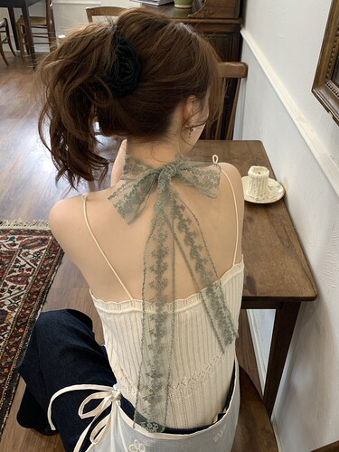 ins风法式绿色花朵蕾丝飘带领巾