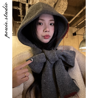 冬女纯色针织帽围巾保暖针织披肩