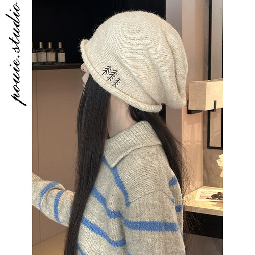 百搭刺绣小树针织帽子包头堆堆帽