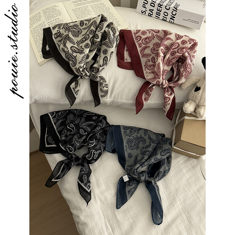 韩版复古腰果印花小方巾女2025春夏薄款透气百搭装饰包头发带领巾
