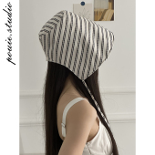 时尚 法式 复古条纹大檐系带渔夫帽女春夏新款 休闲百搭防晒遮阳盆帽