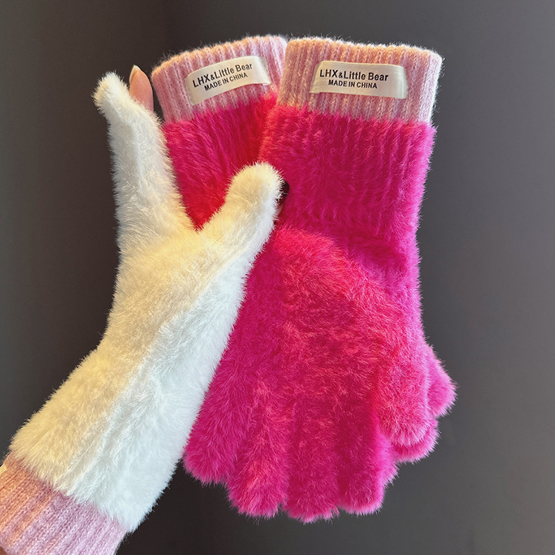 仿兔毛针织手套拼色长款女2025秋冬季加厚加绒保暖露指可触屏分指