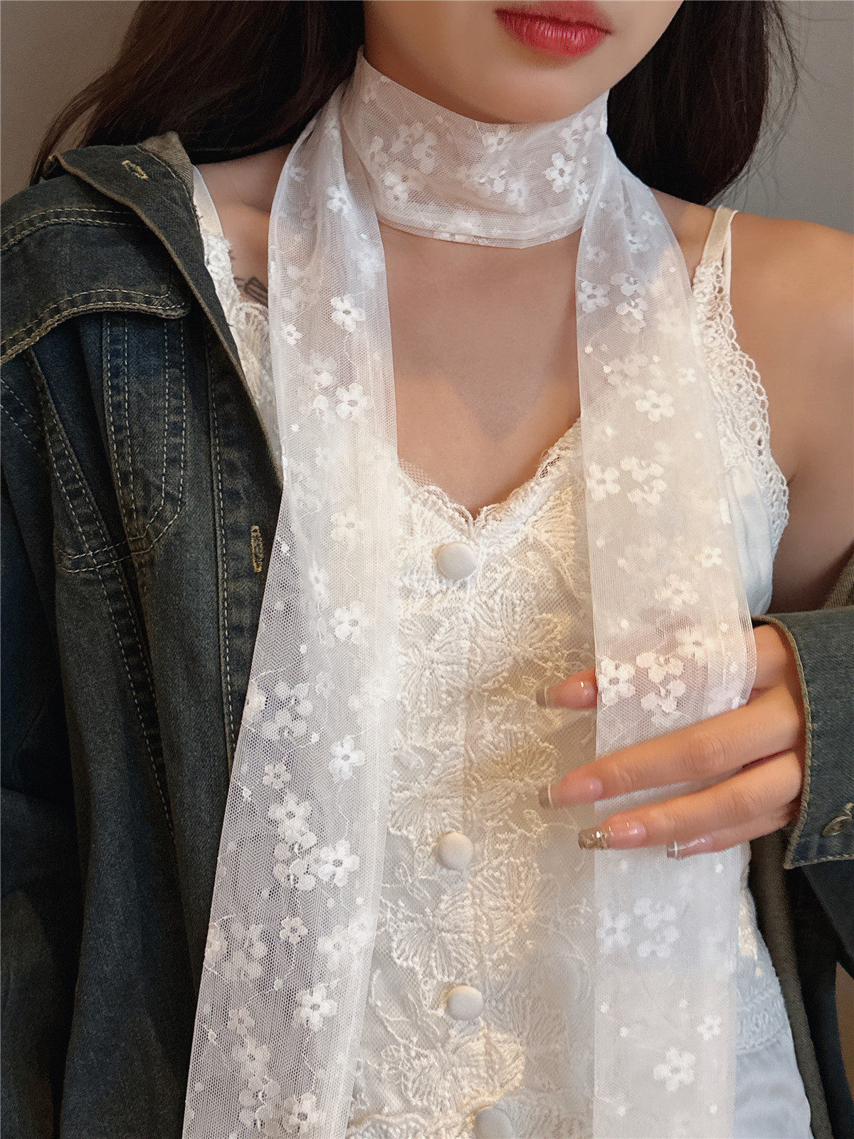 法式复古蕾丝白色花朵刺绣细窄长条丝巾女夏天百搭装饰飘带小领巾