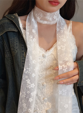 法式复古蕾丝白色花朵刺绣细窄长条丝巾女夏天百搭装饰飘带小领巾