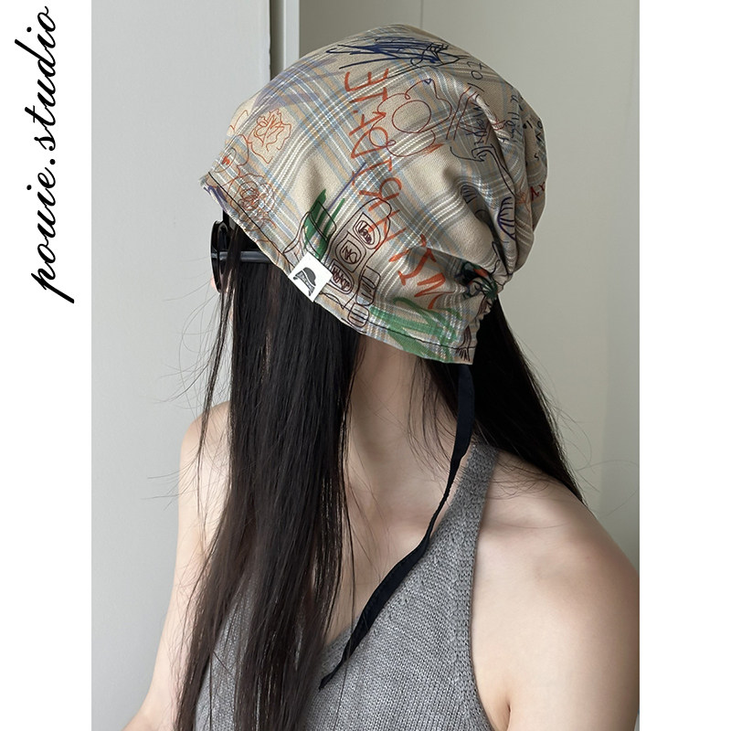小众设计不规则涂鸦系带套头帽女2026新款个性时尚百搭堆堆帽冷帽