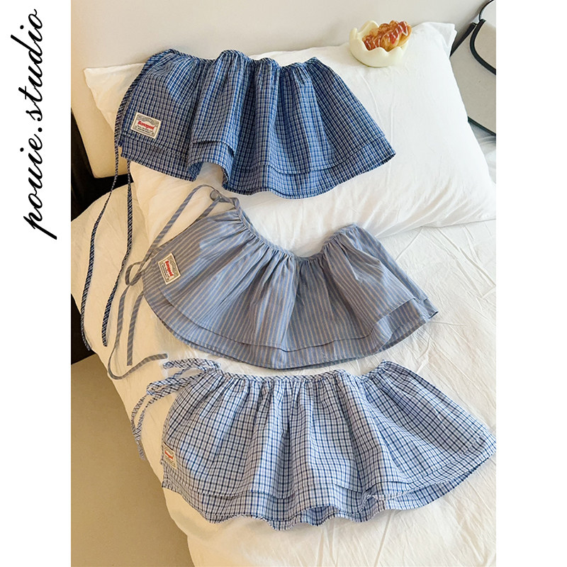2026春季新款蓝色格子系带屁帘女韩系复古百搭一片式装饰半身裙子