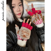 费尔岛半指翻盖两用手套女秋冬季 2025新款 小众高级感加厚保暖手套