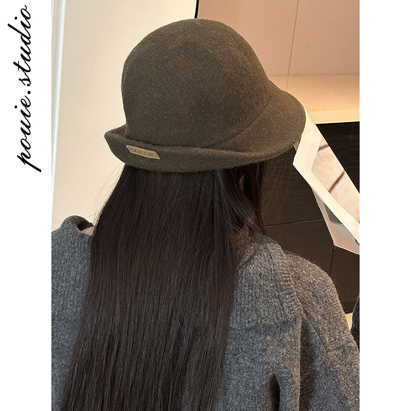 秋冬卷边含羊毛针织盆帽渔夫帽