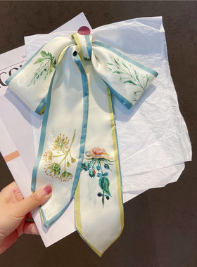 小清新绿色花朵印花长条丝巾春秋夏季装饰小领巾女发带绑包包丝带